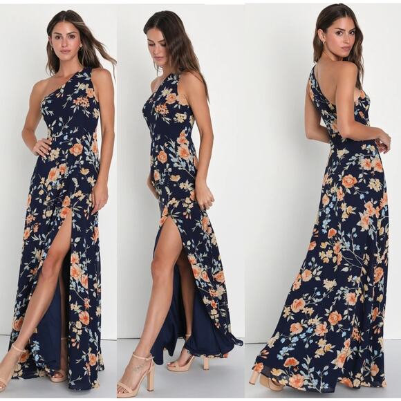 NWT Lulus Elegant Admiration Navy Blue Floral One-Shoulder Maxi Dress Cruise S - Picture 1 of 7